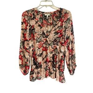 Joie 100% Silk Cream and Red Floral Blouse Size Medium